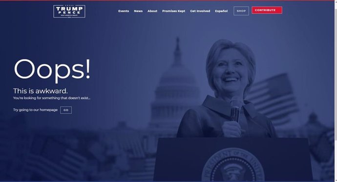 Página de error en la web de campaña de Donald Trump