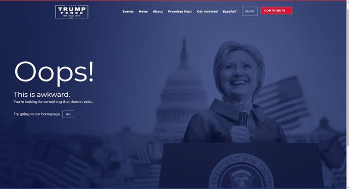 EEUU.- La web de campaña de Trump utiliza como página de error una imagen de Cli