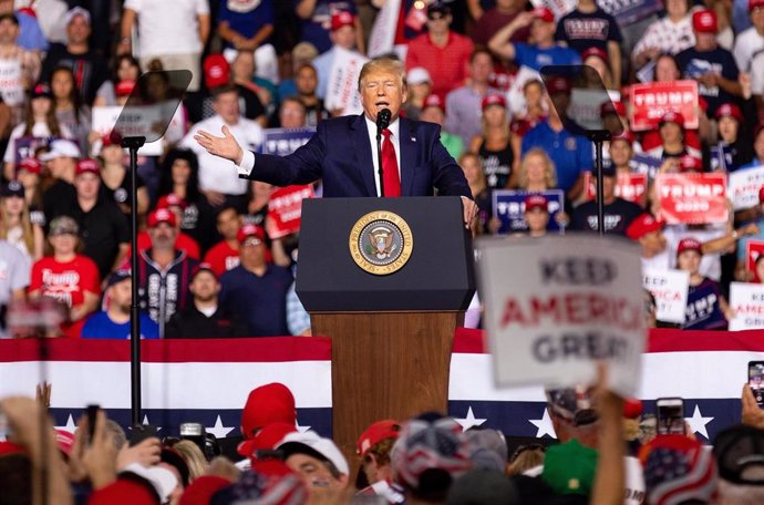 August 15, 2019 - Manchester, New Hampshire, United States: US President Donald Trump campaigns at Southern New Hampshire University Arena in Manchester, New Hampshire, USA. (Keiko Hiromi/Contacto)