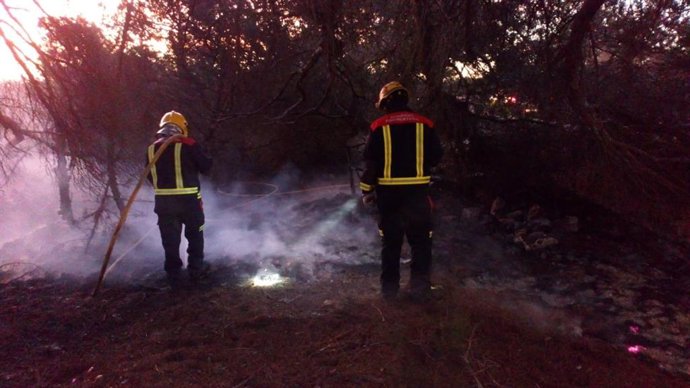 Dos homes treballen en les tasques d'extinció d'un incendi a Formentera.