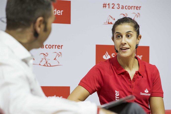Carolina Marín en un acto de Banco Santander en la sede central en Madrid