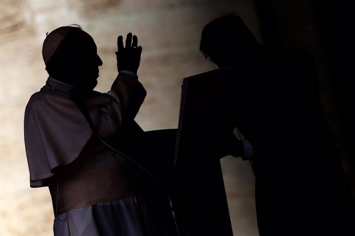 28 August 2019, Vatican, Vatican City: Pope Francis leads his Wednesday general audience in Paul VI Audience hall. Photo: Evandro Inetti/ZUMA Wire/dpa
