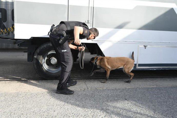  Un agente de la Policía Nacional registra con un perro un camión de atracciones en Ceuta