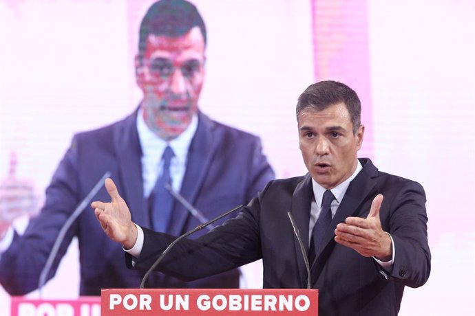 El presidente del Gobierno en funciones, Pedro Sánchez, durante su intervención en la presentación de la propuesta abierta de 'Programa común progresista'.