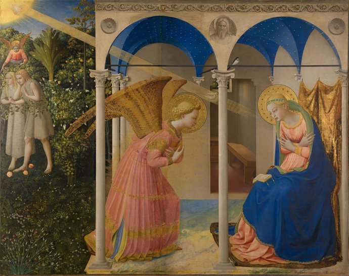 La Anunciación y la expulsión de Adán y Eva del jardín del Edén (antes de la restauración) FRA ANGELICO Temple y oro sobre tabla, 190,3 x 191,5 cm; 162,3 x 191,5 cm c. 1425-26 Madrid, Museo Nacional del Prado