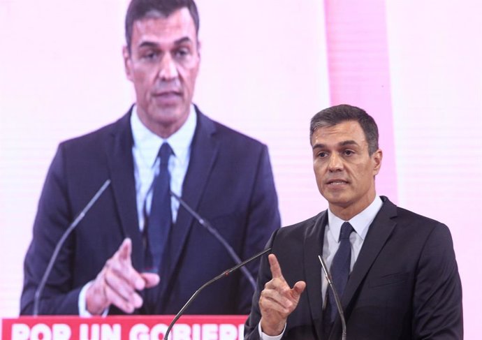 El presidente del Gobierno en funciones, Pedro Sánchez, durante su intervención en la presentación de la propuesta abierta de 'Programa común progresista'.