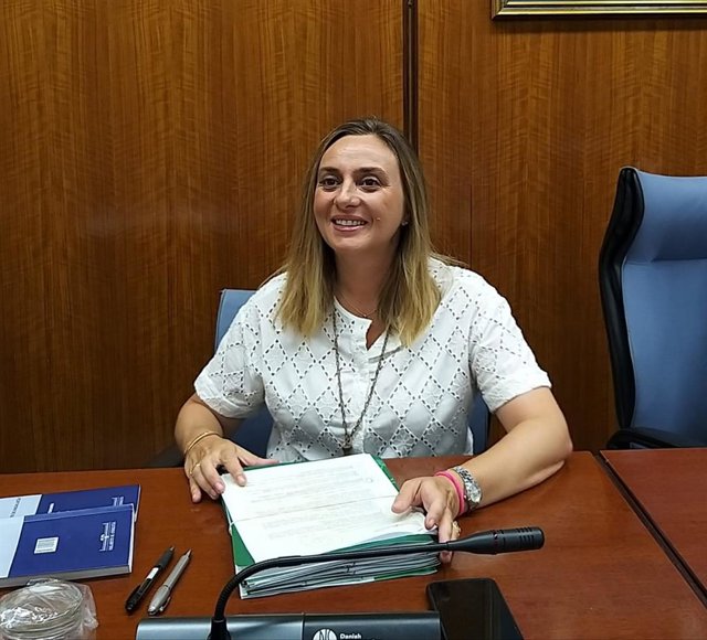 La consejera de Fomento, Marifrán Carazo, antes del inicio de su comparecencia en comisión parlamentaria.