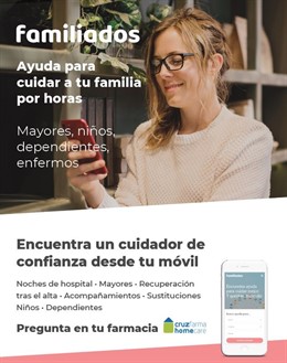 Cartel de la iniciativa de Novaltia "Familiados" para encontrar cuidadores a través de la farmacia