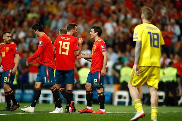 Mikel Oyarzabal Ugarte of Spain celebrates a goal during the 2020 UEFA European Championships group F, European Qualifiers, played between Spain and Sweden at Santiago Bernabeu Stadium in Madrid, Spain, on June 10, 2019.