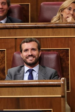 El presidente del PP Pablo Casado durante el Pleno extraordinario en el Congreso para tratar la gestión del 'Open Arms'.