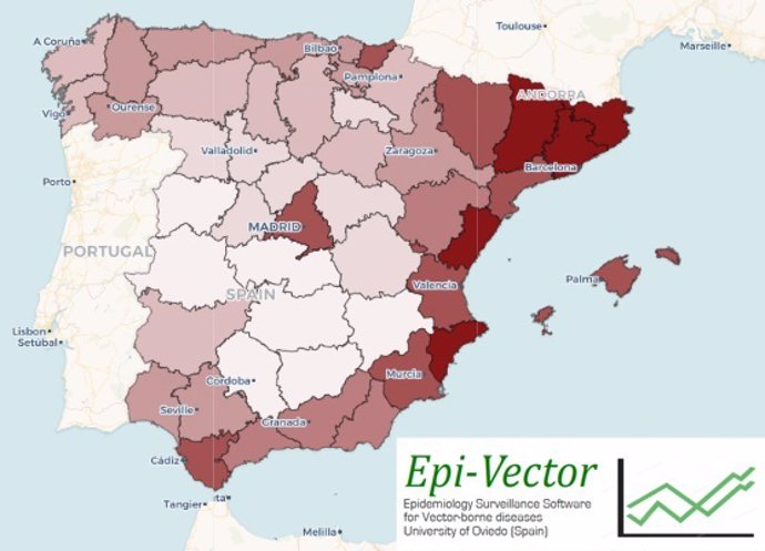 Mapa correspondiente al riesgo de Dengue en España.