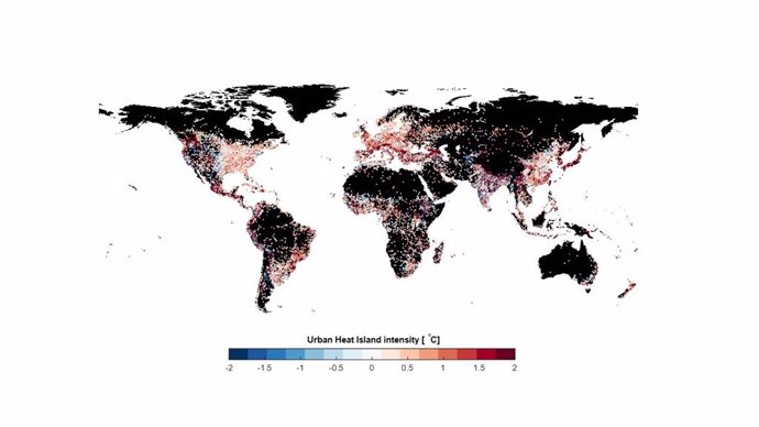 Mapa que muestra en qué ciudades el efecto de isla de calor es más significativo