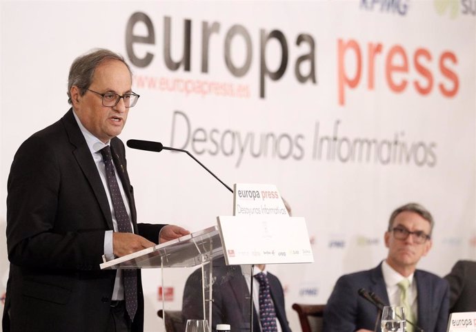 El presidente de la Generalitat, Quim Torra, durante su intervención en un  Desayuno informativo de Europa Press.