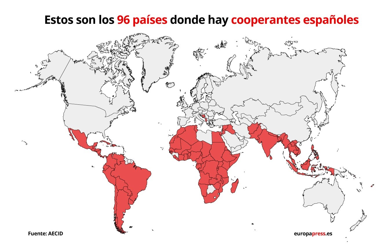 Mapa de los países en los que están destinados los cooperantes españoles en 2019