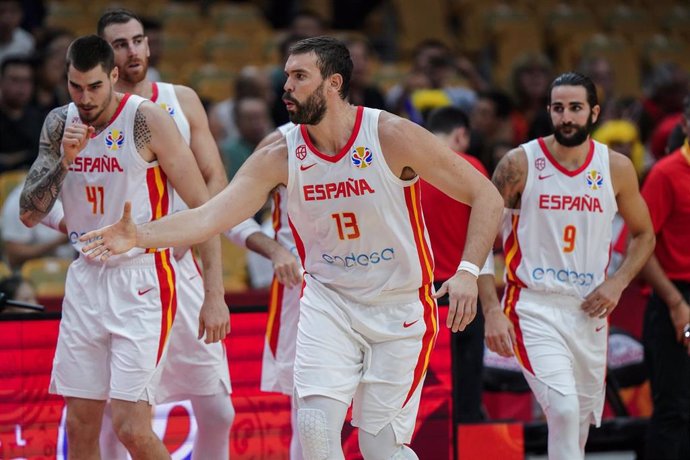 Marc Gasol, Ricky Rubio, Juancho Hernangómez y Víctor Claver con la selección española de baloncesto durante el Mundial de China