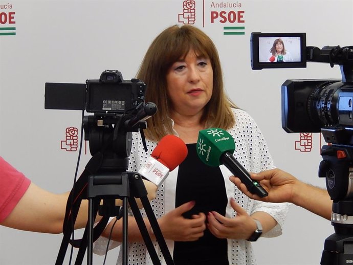 La portavoz de Igualdad del PSOE-A en el Parlamento, Soledad Pérez, atiende a medios