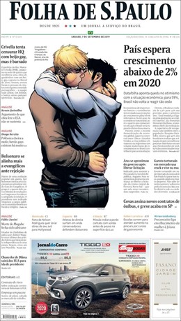Portada de 'Folha de Sao Paulo' sobre la Bienal del Libro con dos hombres besándose sacada de la portada de un cómic de Marvel: 'Vengadores: la cruzada de los niños'.