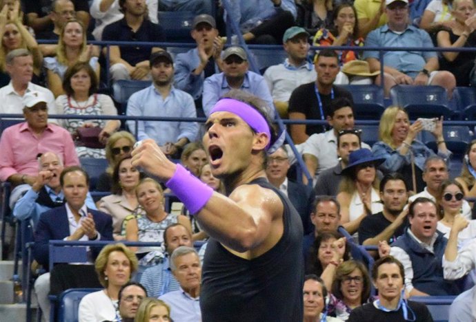 September 8, 2019 Queens, New York, United States: Rafael Nadal (ESP) displays his bravado during the tie breaker during the grueling 5 set contest opposite Daniil Medvedev (RUS) in the US Open at the Billie Jean National Tennis Center. (Risk Maiman/Con