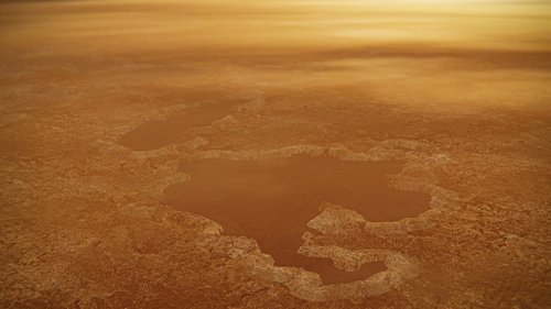 Recreación artística de un lago en Titán