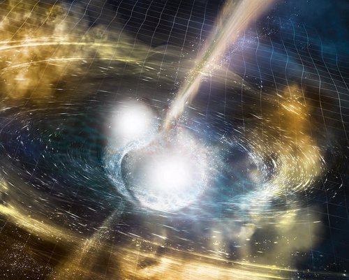 Ilustración artística de dos estrellas de neutrones en fusión