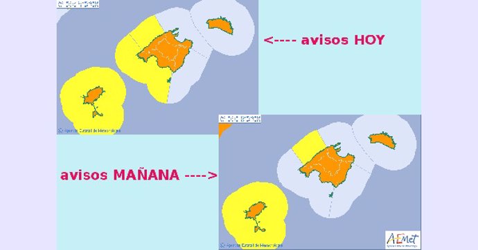 Mapa de avisos por meteorología adversa en Baleares.
