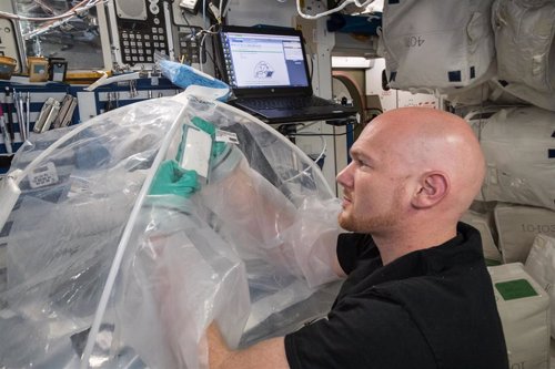 Astronauta  Alexander Gerst operando el experimento MICS en la Estación Espacial