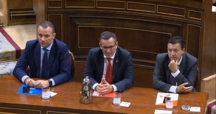 Segado (PP), Conesa (PSOE) y molina (Cs) tras su intervención en el Congreso en defensa de la reforma del Estatuto de Autonomía para la eliminación de los aforamientos
