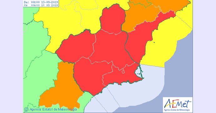 Mapa rojo aviso por lluvias en la Región