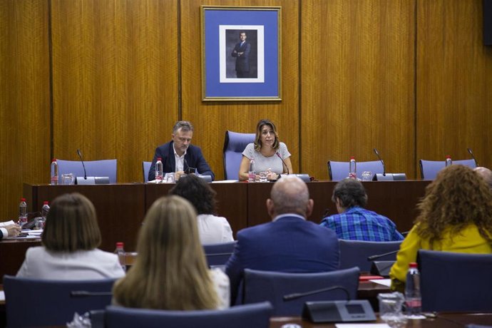 La secretaria general del PSOE-A, Susana Díaz (d), junto al portavoz parlamentario del PSOE-A, José Fiscal (i), durante su intervención en la reunión del Grupo Socialista. En el Parlamento de Andalucía