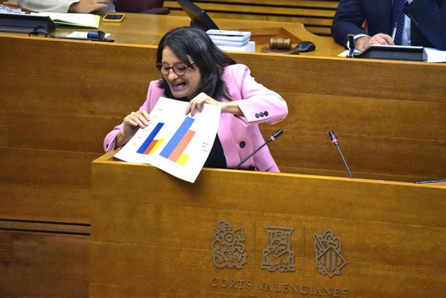 La vicepresidenta de la Generalitat Valenciana, Mónica Oltra, muestra un gráfico, durante su intervención en una sesión plenaria de Les Corts Valencianes