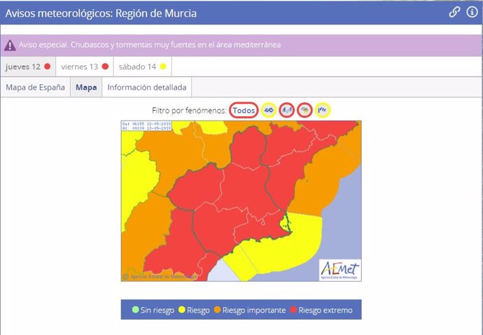 Aviso rojo de la AEMET por lluvias en la Región de Murcia para el jueves 12 de septiembre de 2019