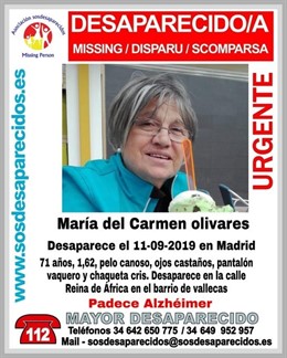 MARÍA DEL CARMEN OLIVARES, MUJER CON ALZHÉIMER DESAPARECIDA EN MADRID
