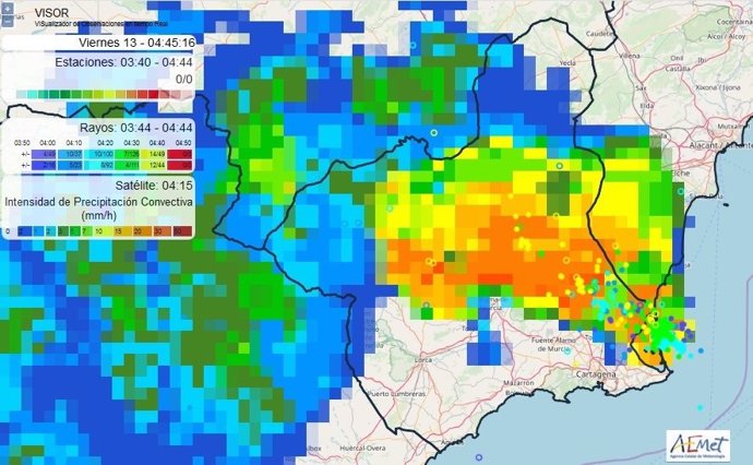 Imagen satelital de las 06:00 horas del producto "Intensidad de Precipitación Convectiva" sobre la Region de Murcia.