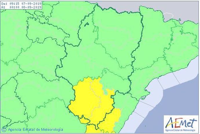 Aviso amarillo por lluvias y tormentas en varias zonas de Teruel.