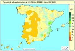 La falta de lluvias acumulada en el conjunto de España supera el 25% en el tercio oeste y buena parte de Canarias. En el conjunto de España el déficit hídrico está en el 15% y solo se salva Levante, donde ha llovido por encima de sus valores habituales.