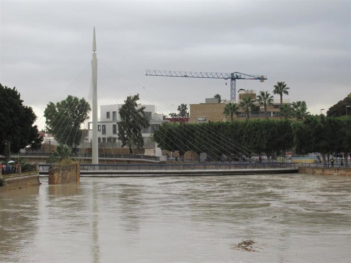 El Río Segura a su paso por la Pasarela Manterola de la ciudad de Murcia