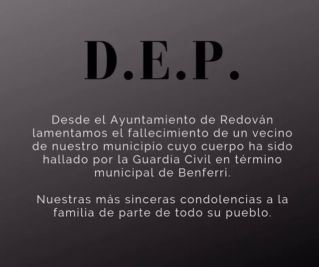 Mensaje de condolencias del Ayuntamiento de Redován por el fallecimiento de un vecino a causa del temporal