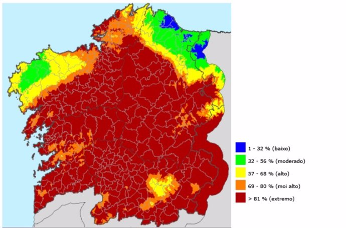 Indice de riesgo diario de incendio en Galicia este sábado