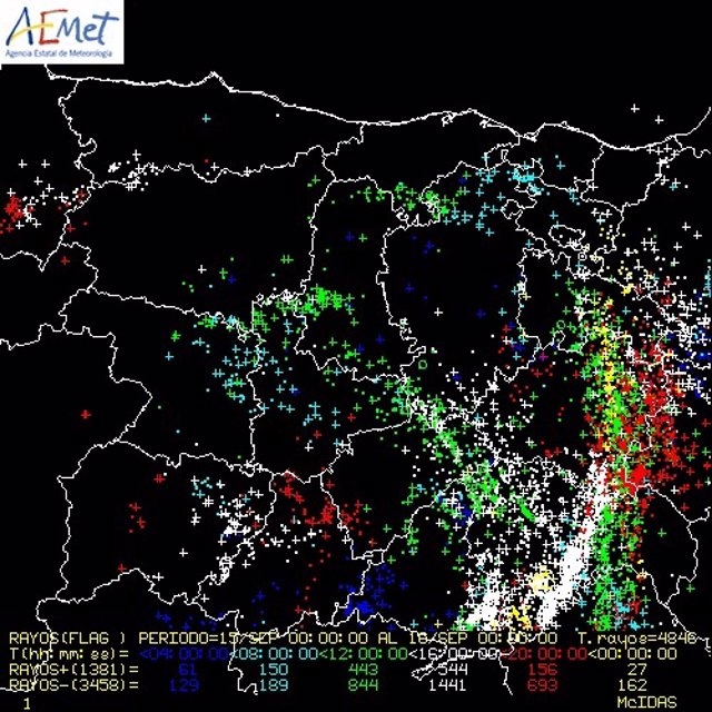 Mapa elaborado por la Aemet sobre los rayos caídos en Castilla y León en la jornada del domingo, 15 de septiembre