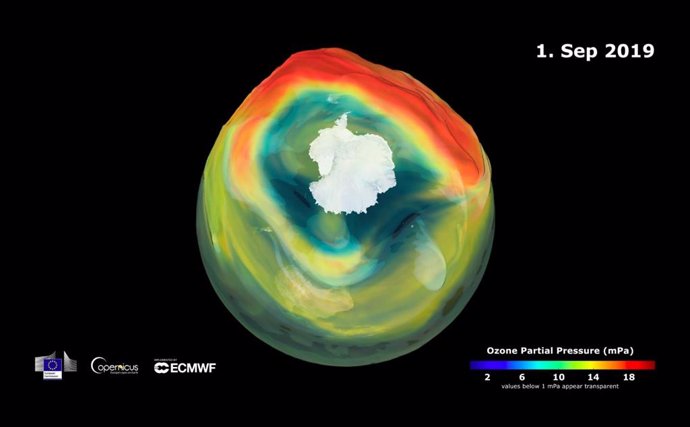 Fotografía del 1 de septiembre de 2019 del agujero de ozono de la Antártida