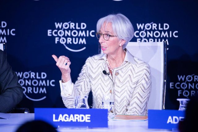 HANDOUT - 23 January 2019, Switzerland, Davos: Managing Director of International Monetary Fund (IMF) Christine Lagarde speaks during the Session "Finding Future Jobs" at the Annual Meeting 2019 of the World Economic Forum. Photo: Boris Baldinger/World Ec