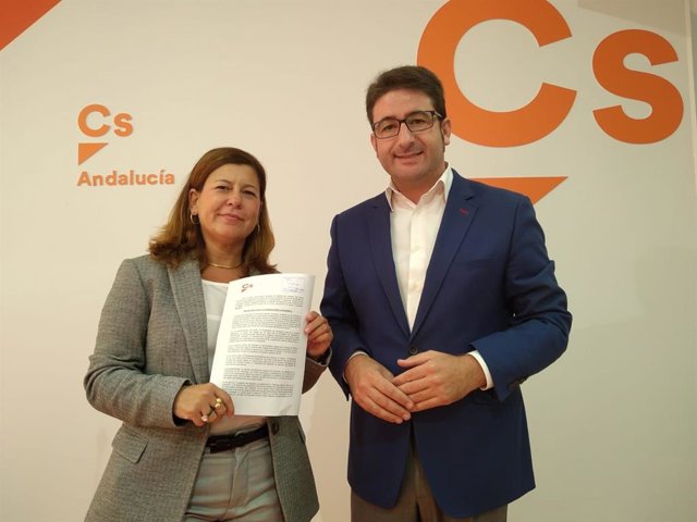 La secretaria de Acción Institucional de Cs en Sevilla, Ana González Pinto, y el portavoz de Cs en el Ayuntamiento de Sevilla, Álvaro Pimentel.