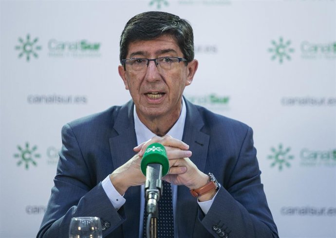 Presentación de la 'Memoria de actividad y rodajes de Andalucía Film Commission 2018'.  El vicepresidente de la Junta de Andalucía, Juan Marín durante su intervención en la presentación.