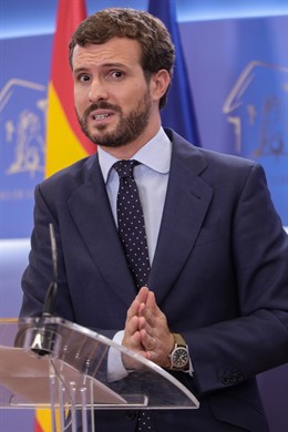 El presidente del PP, Pablo Casado, ofrece una rueda de prensa posterior a su reunión con el Rey para proponer candidato a la Presidencia del Gobierno, en el Congreso de los Diputados, Madrid (España) a 17 de septiembre de 2019.
