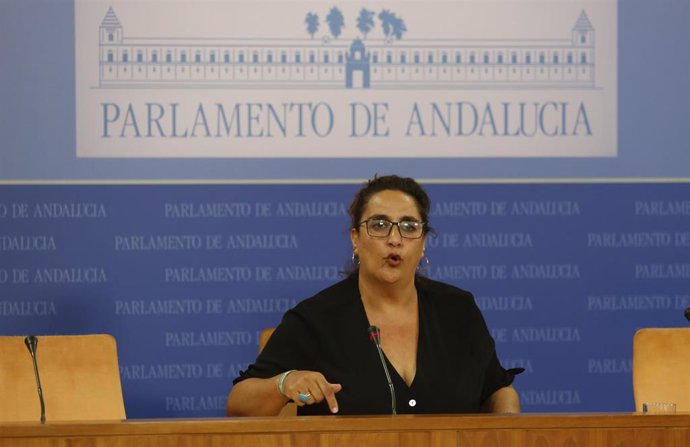 La portavoz adjunta del grupo parlamentario Adelante Andalucía, Angela Aguilera durante su comparecencia en rueda de prensa