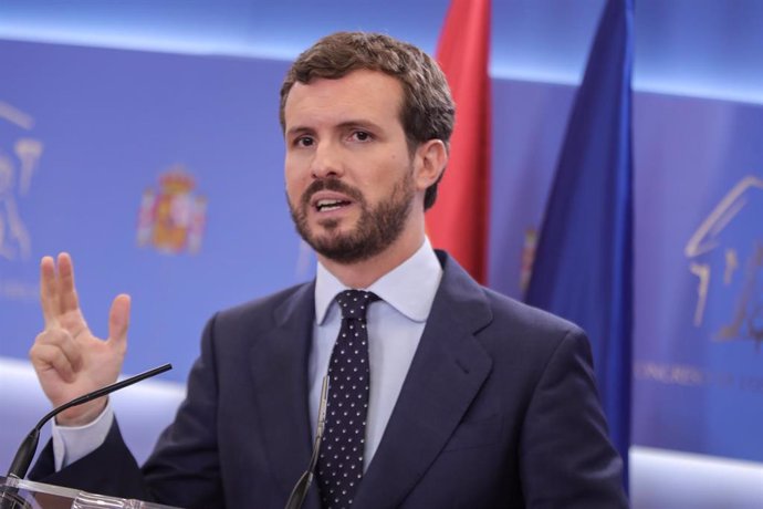 El presidente del PP, Pablo Casado, ofrece una rueda de prensa posterior a su reunión con el Rey para proponer candidato a la Presidencia del Gobierno, en el Congreso de los Diputados, Madrid (España) a 17 de septiembre de 2019.