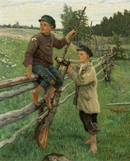 Dos niños en el campo - Óleo sobre lienzo