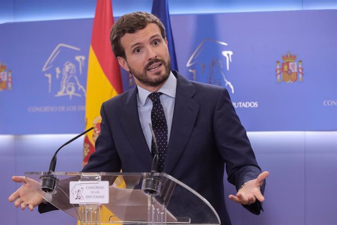 El presidente del PP, Pablo Casado, ofrece una rueda de prensa posterior a su reunión con el Rey para proponer candidato a la Presidencia del Gobierno, en el Congreso de los Diputados, Madrid (España) a 17 de septiembre de 2019.