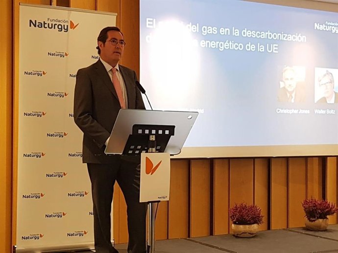 Antonio Garamendi, presidente de la CEOE, en su participación en la jornada 'El papel del gas en la descabonización del sistema energético en la UE' organizada por la Fundación Naturgy