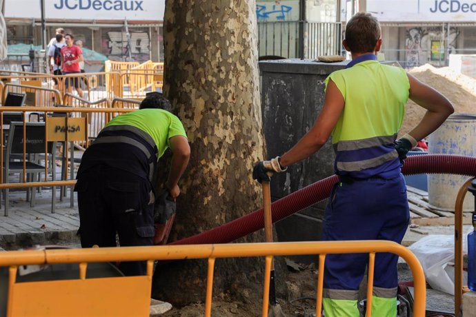 Dos obreros trabajan en una obra en el centro de Madrid.